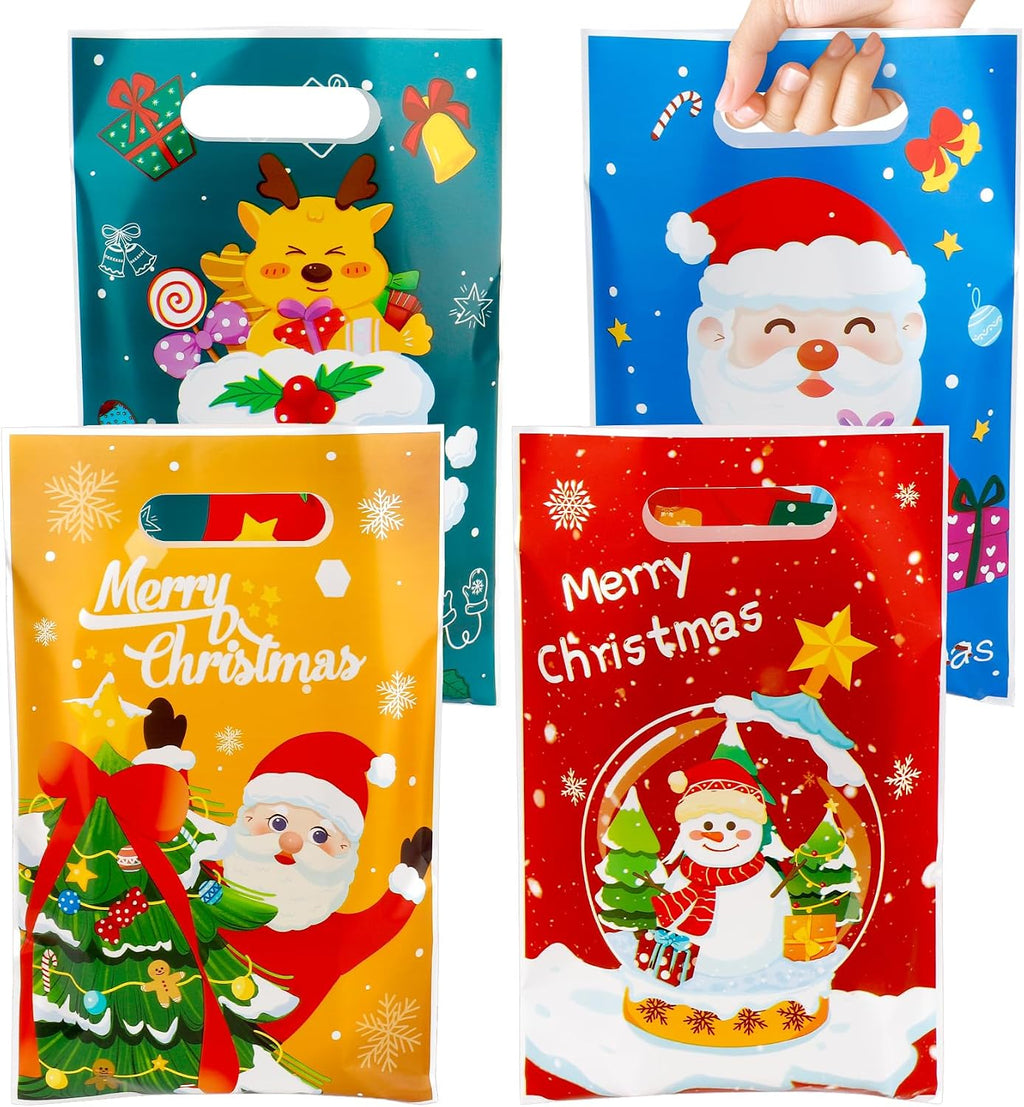 Christmas Treat Bags with Handles, 60 PCS Christmas Goodie Bags, Xmas Gift Bag, Plastic Snowman Santa Claus Candy Goody Cookie Snack Bag Holiday Party Favor Bag for Xmas Winter Party Favor Supplies