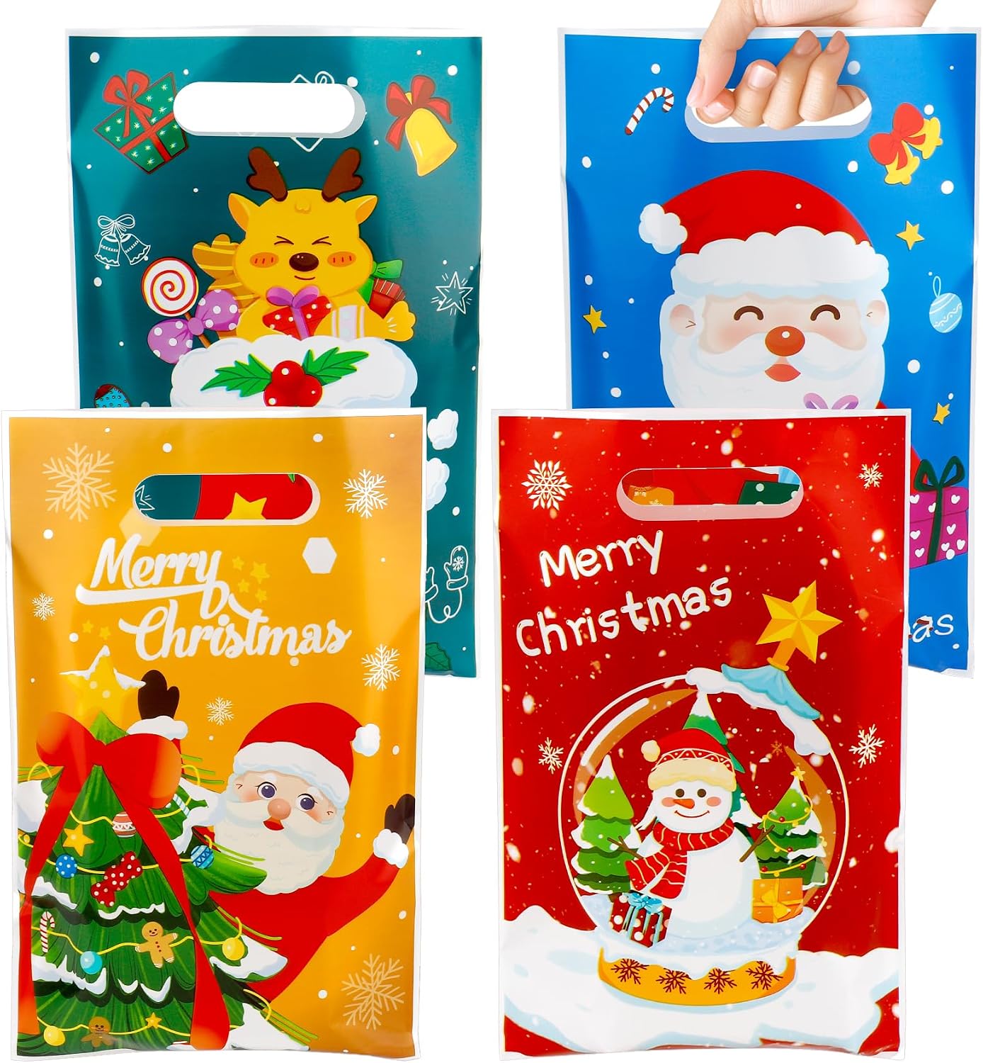Christmas Treat Bags with Handles, 60 PCS Christmas Goodie Bags, Xmas Gift Bag, Plastic Snowman Santa Claus Candy Goody Cookie Snack Bag Holiday Party Favor Bag for Xmas Winter Party Favor Supplies