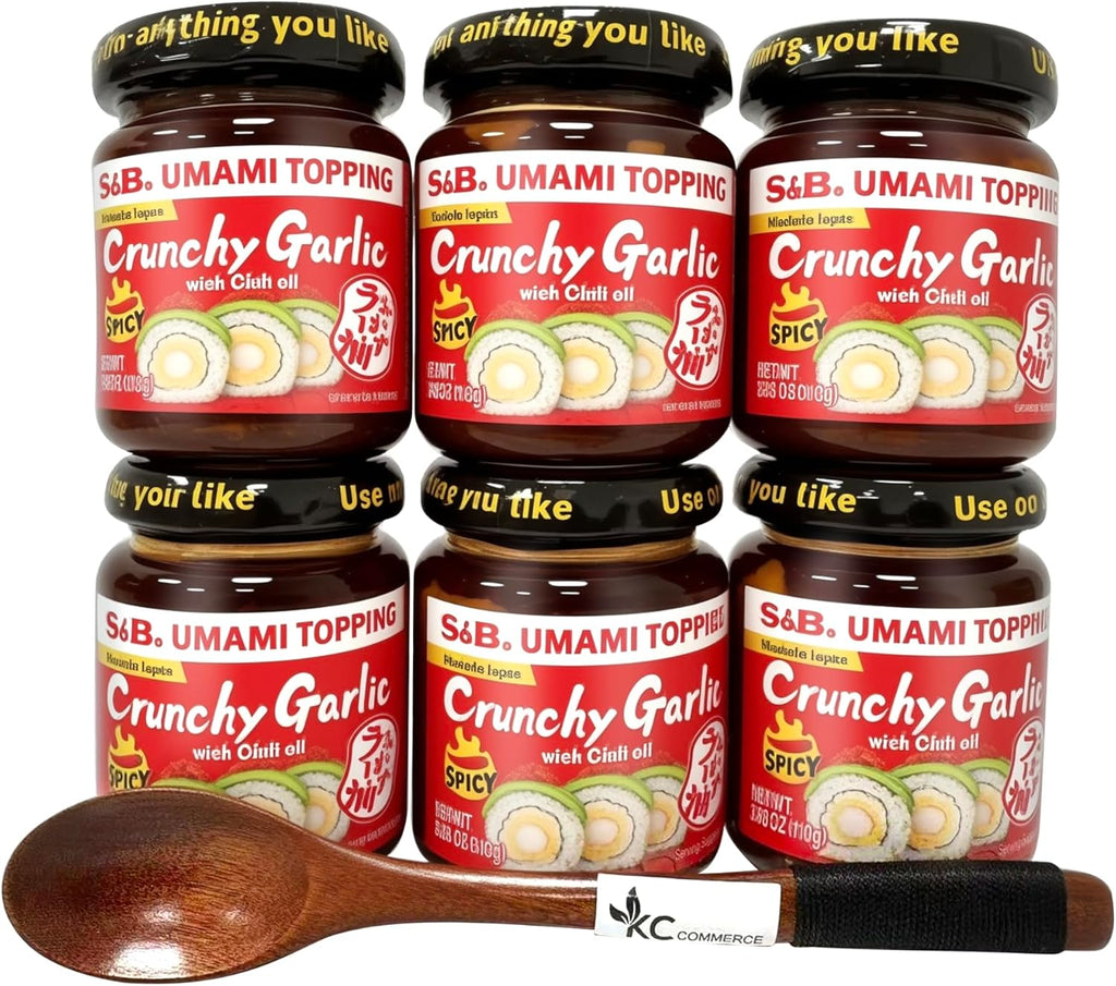 S&B Chili Oil With Crunchhy Garlic 3.9oz Pack of 6 Bundle with FREE KC Commerce Wodden Spoon (3.9oz Pack of 6 Spicy)