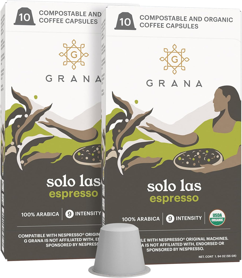 G GRANA Coffee Pods, Compatible with Nespresso OriginalLine, 20 Pack, Medium Roast, USDA Organic 100% Arabica Single Source Specialty Coffee, Compostable Single Serve Capsules, Solo Las