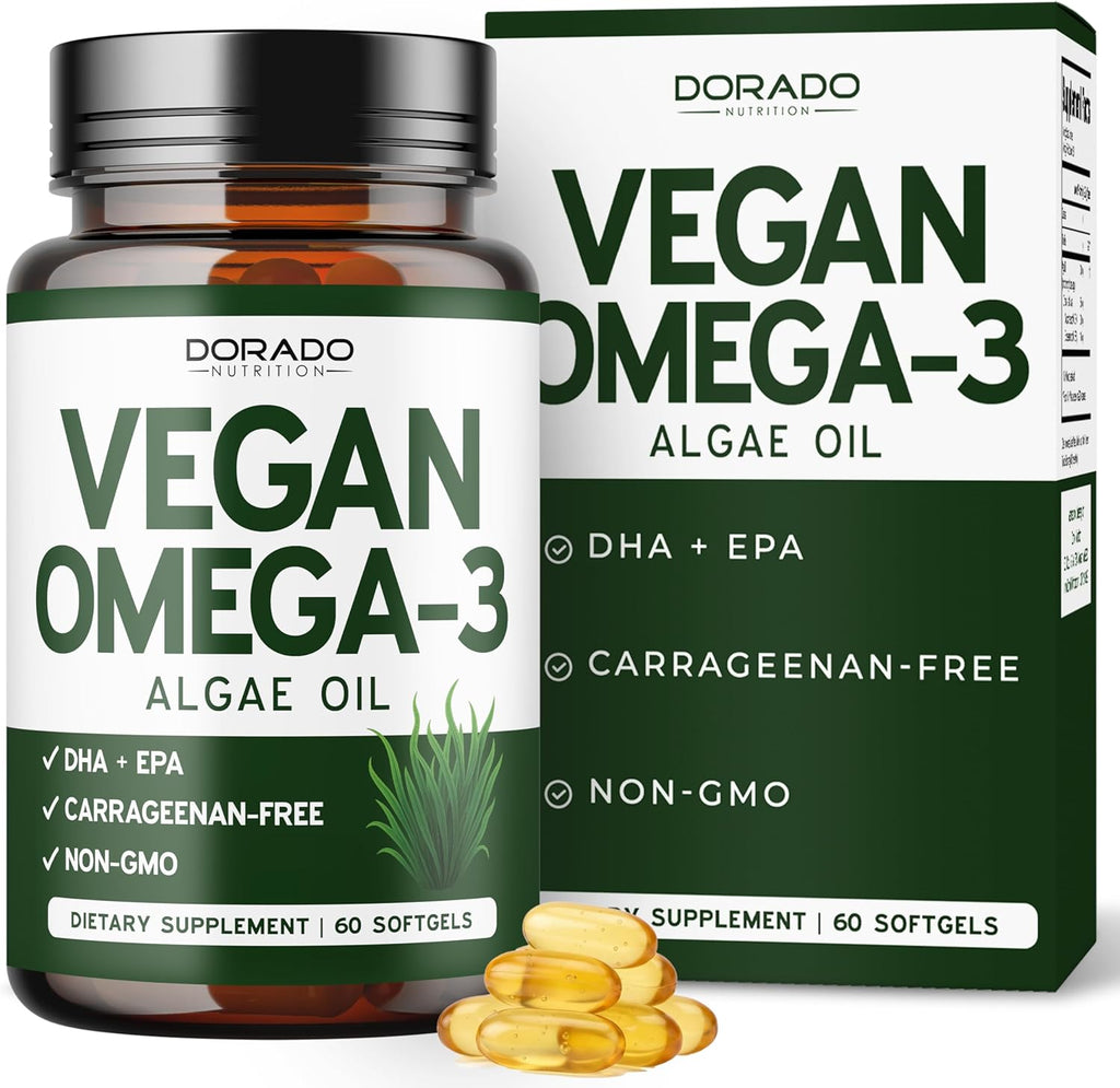 Vegan Omega 3 Algae Oil (60 Softgels) Plant Based DHA EPA - Sustainably Sourced, No Carrageenan, Non GMO | Heart, Brain, and Eye Health - Fish Oil Alternative - Algae Omega 3 Supplement - USA Made