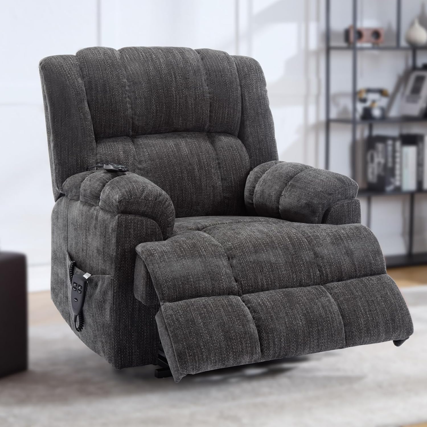 Dual Motor Power Lift Recliner Chair with Lay Flat, Full-Body Vibration & Lumbar Heating - Lift Assist Chair for Elderly, Electric Recliner with Massage and Heat, Easy Assembly Grey