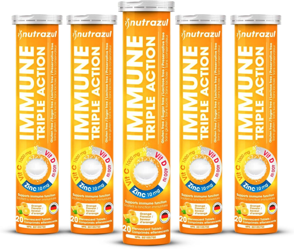nutrazul Immune Triple Action Effervescent Tablets with Vitamin C 1000mg, Vitamin D, Zinc, Support Daily Routine, Gluten-Free, Sugar-Free, Lactose-Free, Orange Flavor, 20 Tablets (Pack of 5x20)