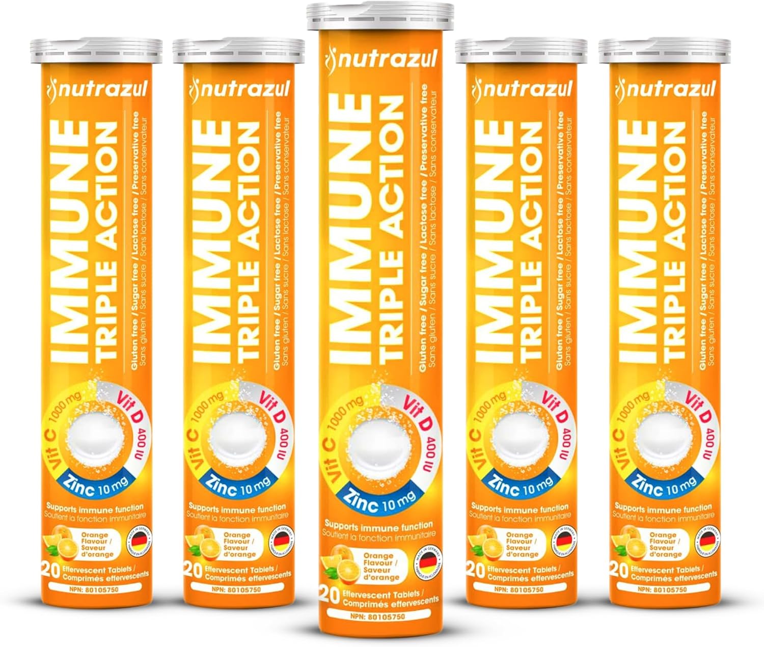 nutrazul Immune Triple Action Effervescent Tablets with Vitamin C 1000mg, Vitamin D, Zinc, Support Daily Routine, Gluten-Free, Sugar-Free, Lactose-Free, Orange Flavor, 20 Tablets (Pack of 5x20)