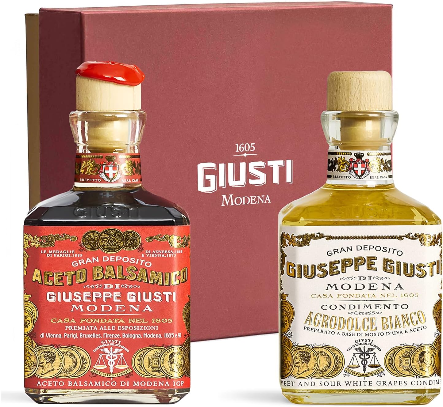 Giusti Balsamic Vinegar of Modena Gift Set, Gran Deposito Aceto Balsamico and Italian White Condiment with Box – 2 x 8.45 fl oz (2 x 250 ml)
