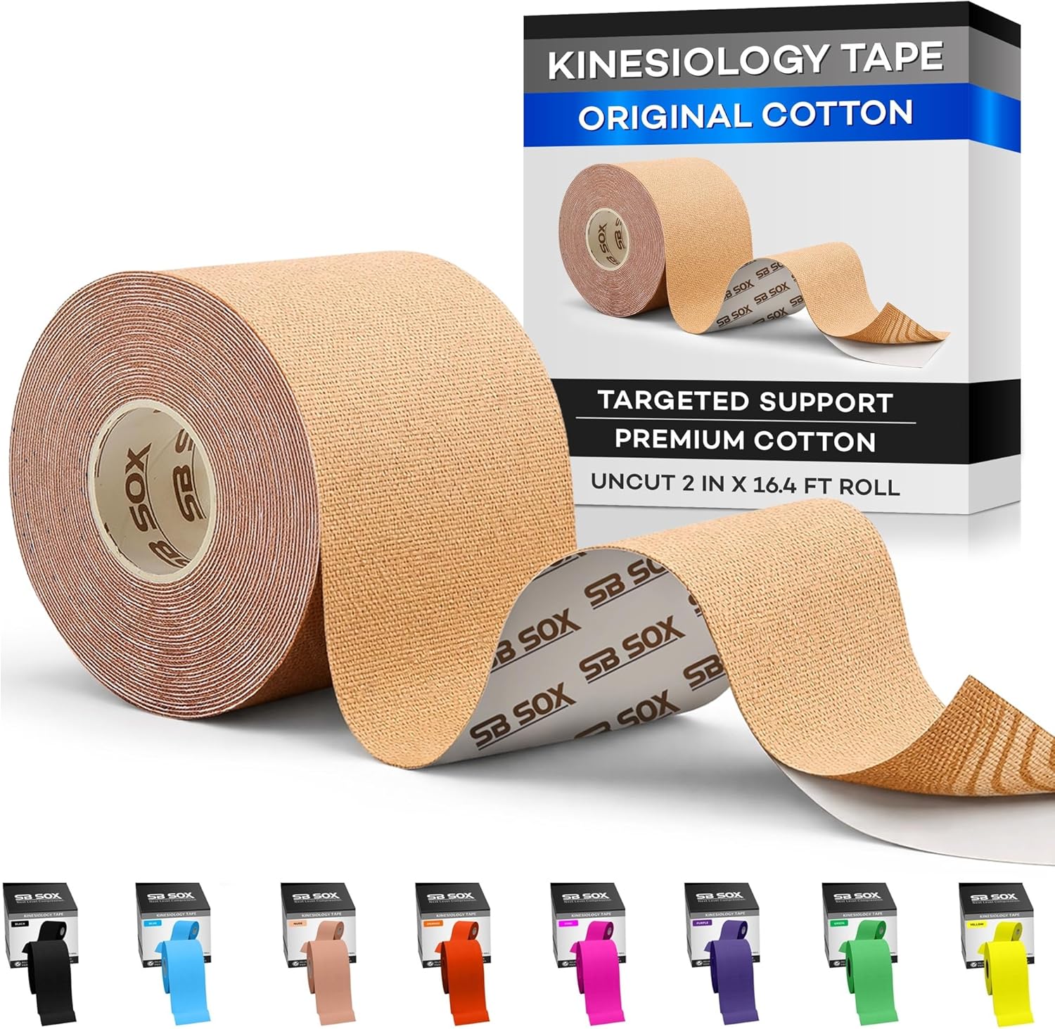 SB SOX Original Cotton Kinesiology Tape Roll – Best Latex Free Athletic Tape for Muscles/Joints – Waterproof, Stretchy, and Gentle on Skin (16ft)