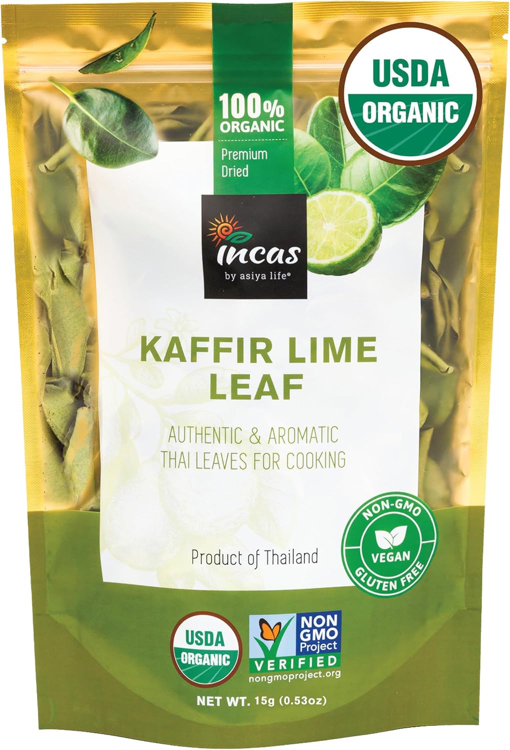 INCAS 100% USDA Organic Makrut Lime Leaves 0.53 oz Direct From Thailand Original Authentic Thai Flavor & Citrus Aroma ใบมะกรูดเเห้ง Whole Dried Uncrumpled Leaves Freshly Picked & Easy To Use
