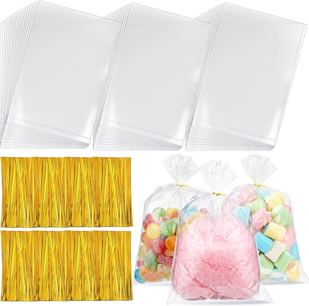800 Pcs Cotton Candy Bags with Ties, 11.8x17.7 Inch Large Clear Cotton Candy Bags Bulk Cones Sticks Supplies for Marshmallow Carnivals Summer Party