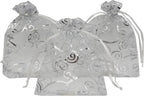 100pcs Sheer Organza Favor Bags For Wedding Baby Shower Rattan Print Gift Bags Samples Display Drawstring Pouches (4x6 inch, silver)