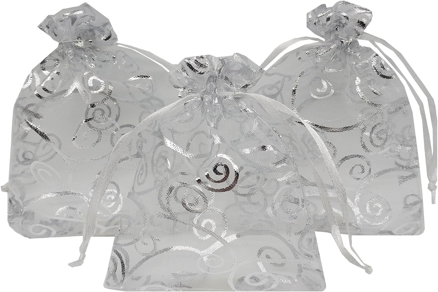 100pcs Sheer Organza Favor Bags For Wedding Baby Shower Rattan Print Gift Bags Samples Display Drawstring Pouches (4x6 inch, silver)