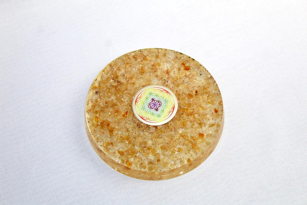 Jet Citrine Gemstone Orgone Tea Coaster Flower of Life Round 40 Page Booklet Jet International Crystal Therapy India