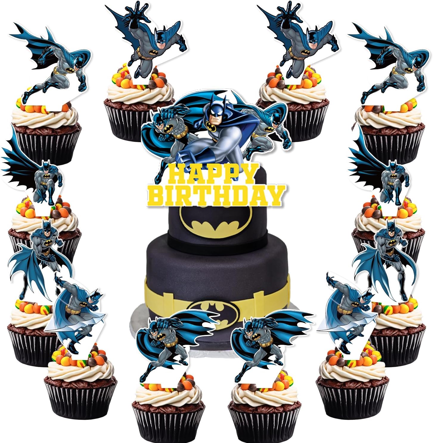 25Pcs Batman-s Birthday Party Supplies Pack Includes 1 Cake Topper 24 Cupcake Toppers for Batman-s Party Supplies