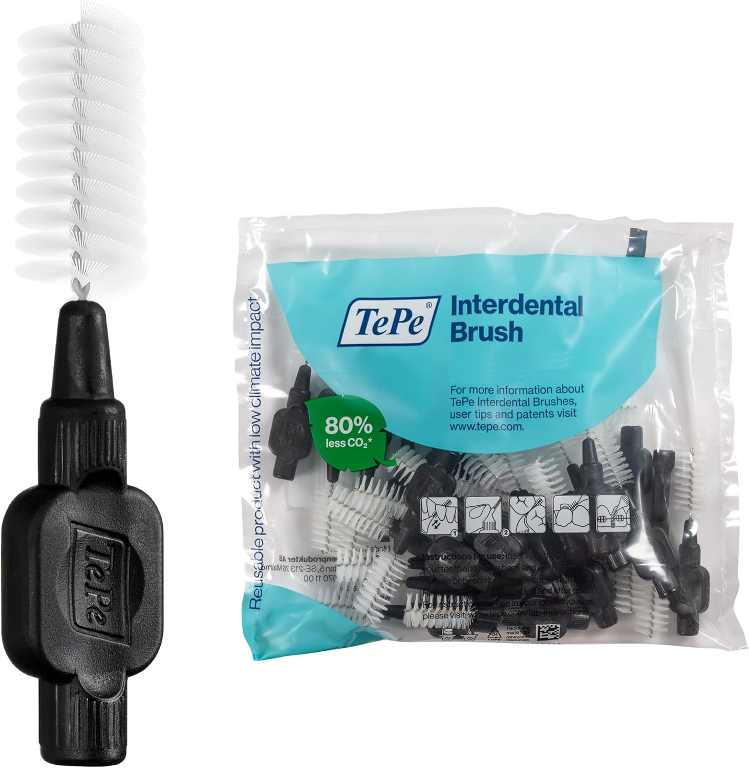 TePe Interdental Brush Original, Soft Dental Brush for Teeth Cleaning, Pack of 25, 1.5 mm, Extra-Large Gaps, Black, Size 8