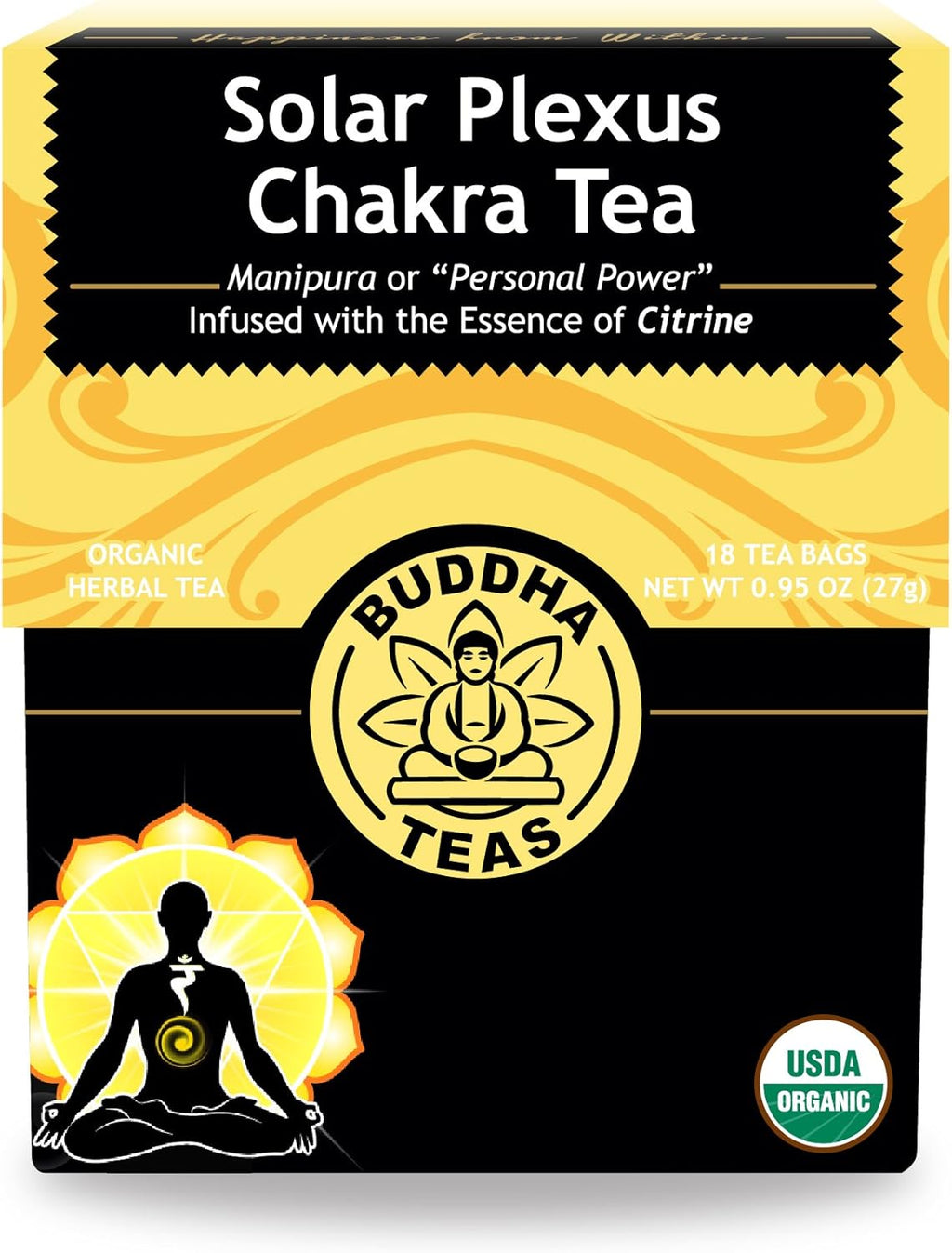 Buddha Teas - Solar Plexus Chakra Tea - Organic Herbal Tea - For Personal Power - With Rosemary, Ginger, Orange Peel & Citrine Essence - 100% Kosher & Non-GMO - 18 Tea Bags (Pack of 1)