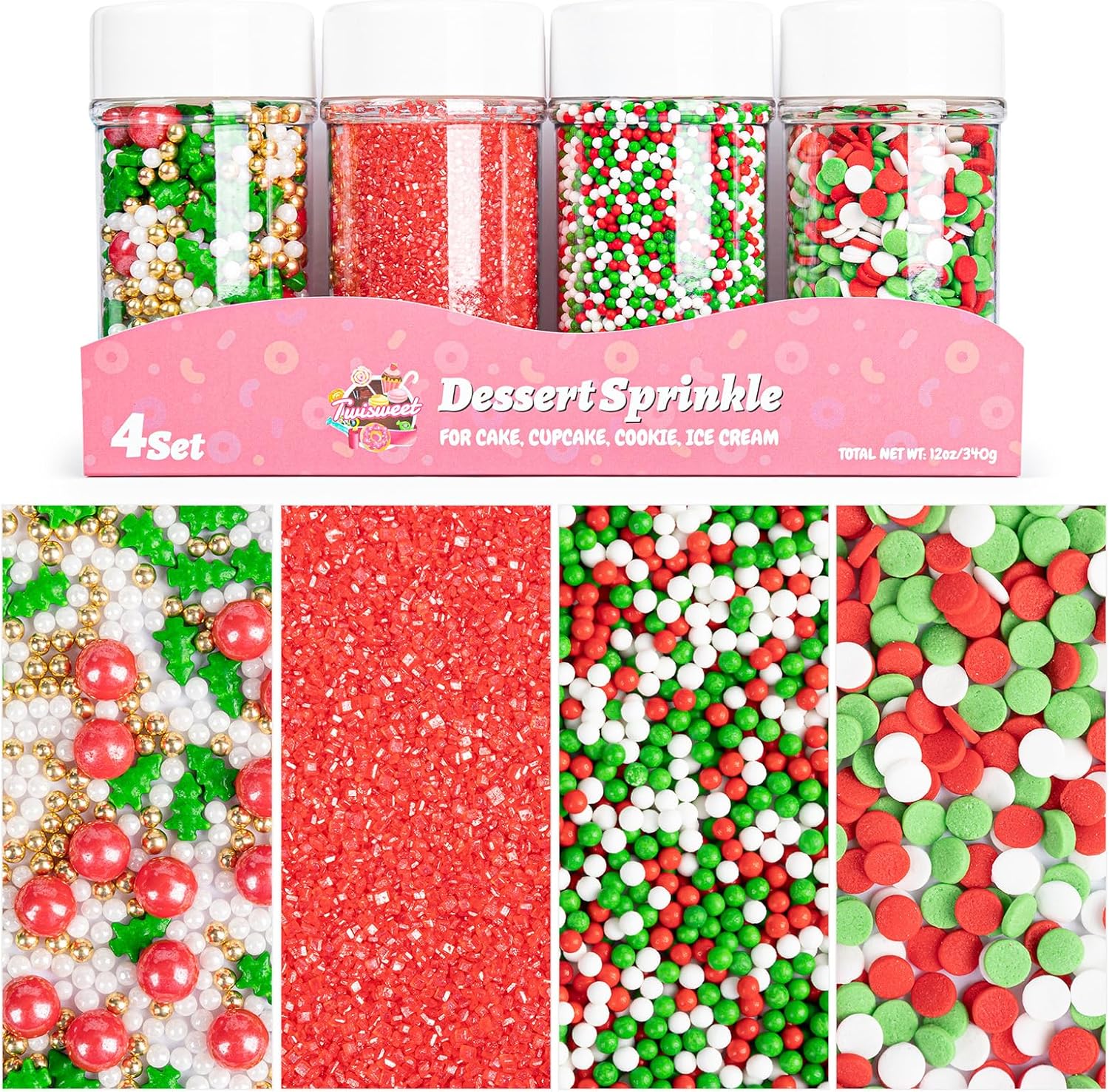 Twisweet Christmas Sprinkles 12oz, Red Green White Sprinkle for Cake Decorating, Edible Christmas Tree Sugar Sprinkles for Baking, Candy Pearls Mix, Cake Topper Ice Cream Cupcake Cookie Toppings Dessert Festival Decorations