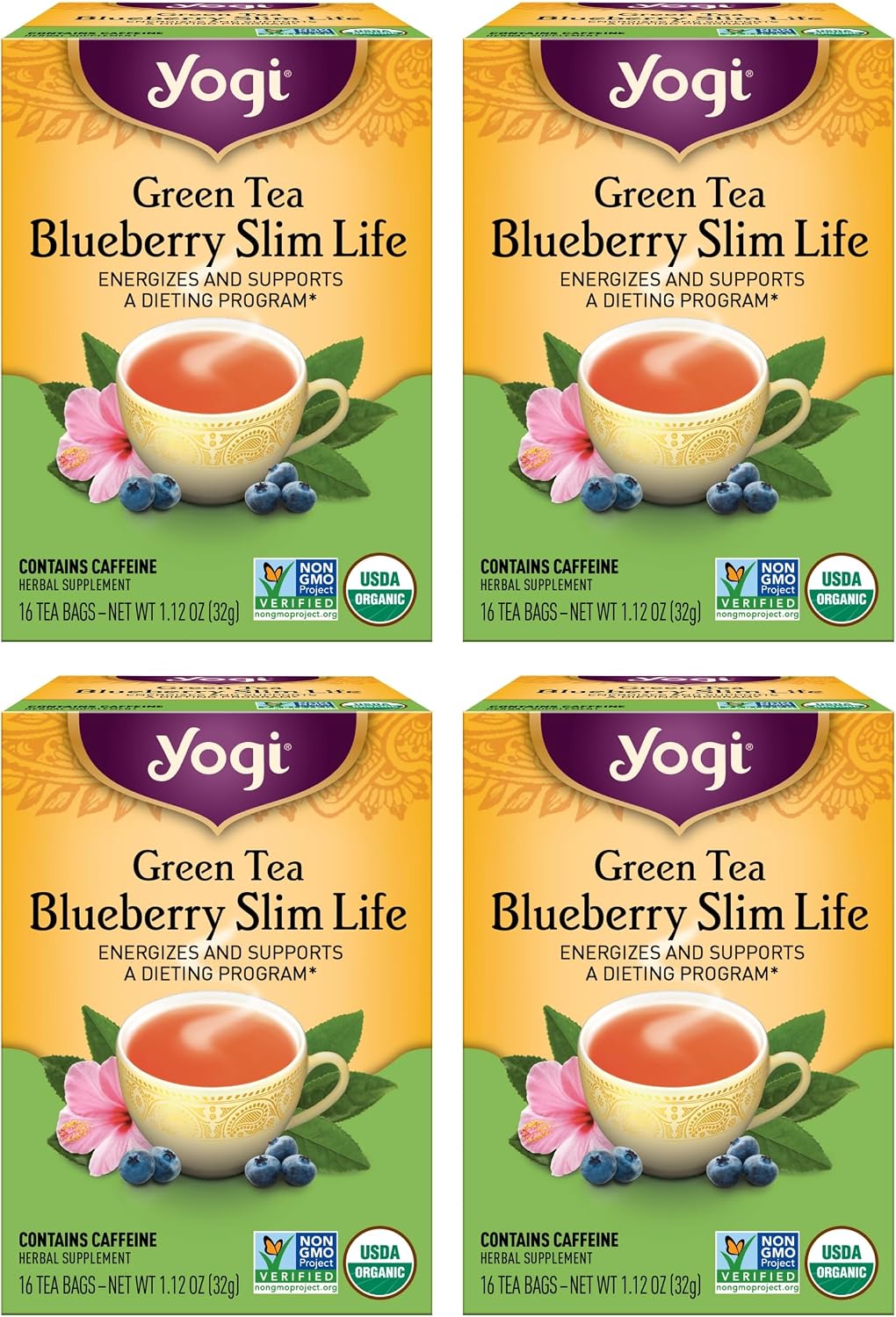 Yogi Tea - Green Tea Blueberry Slim Life (4 Pack) - Energizes and Supports a Dieting Program with Garcinia Cambogia - Contains Caffeine - 64 Organic Tea Bags