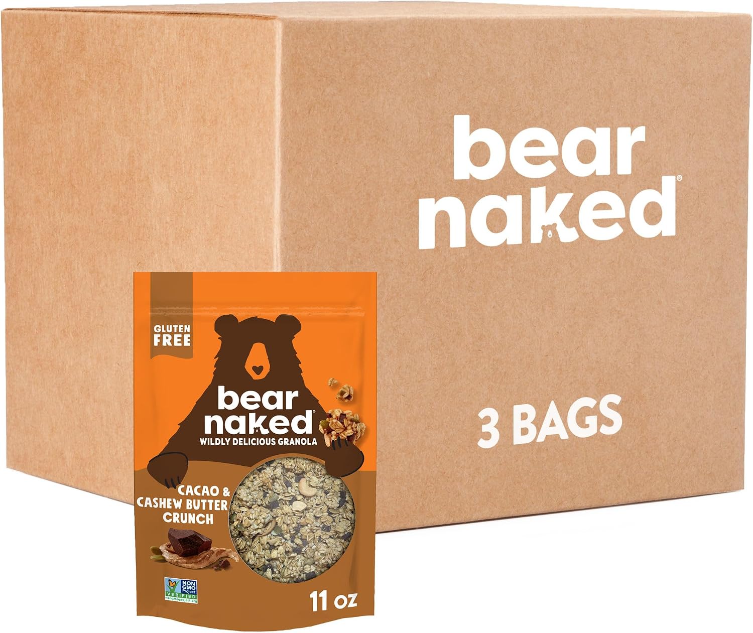 Bear Naked Granola Cereal, Whole Grain Granola, Breakfast Snacks, Cacao and Cashew Butter Crunch (3 Bags)