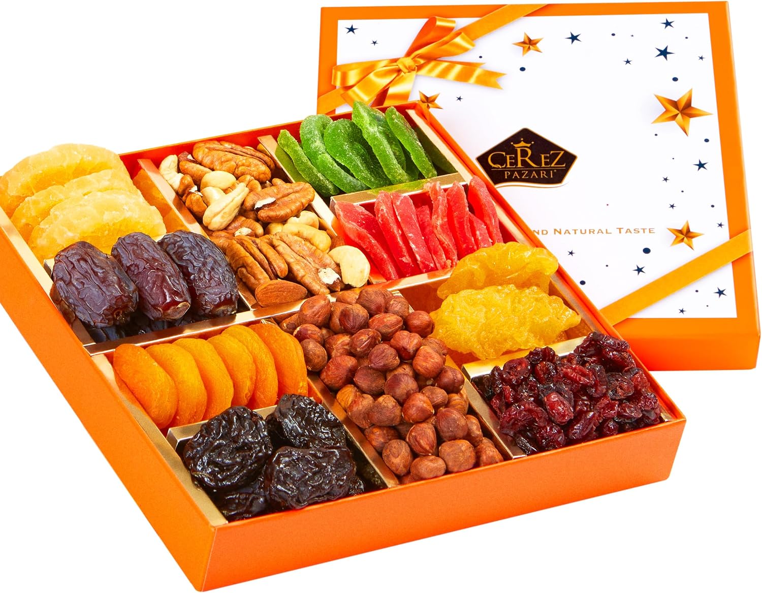 Cerez Pazari Dried Fruit and Nuts Gift Basket, Gourmet Holiday Gift Box Variety Of 10, Healthy Party Snack, Elegant Orange Box, 1.43 lbs