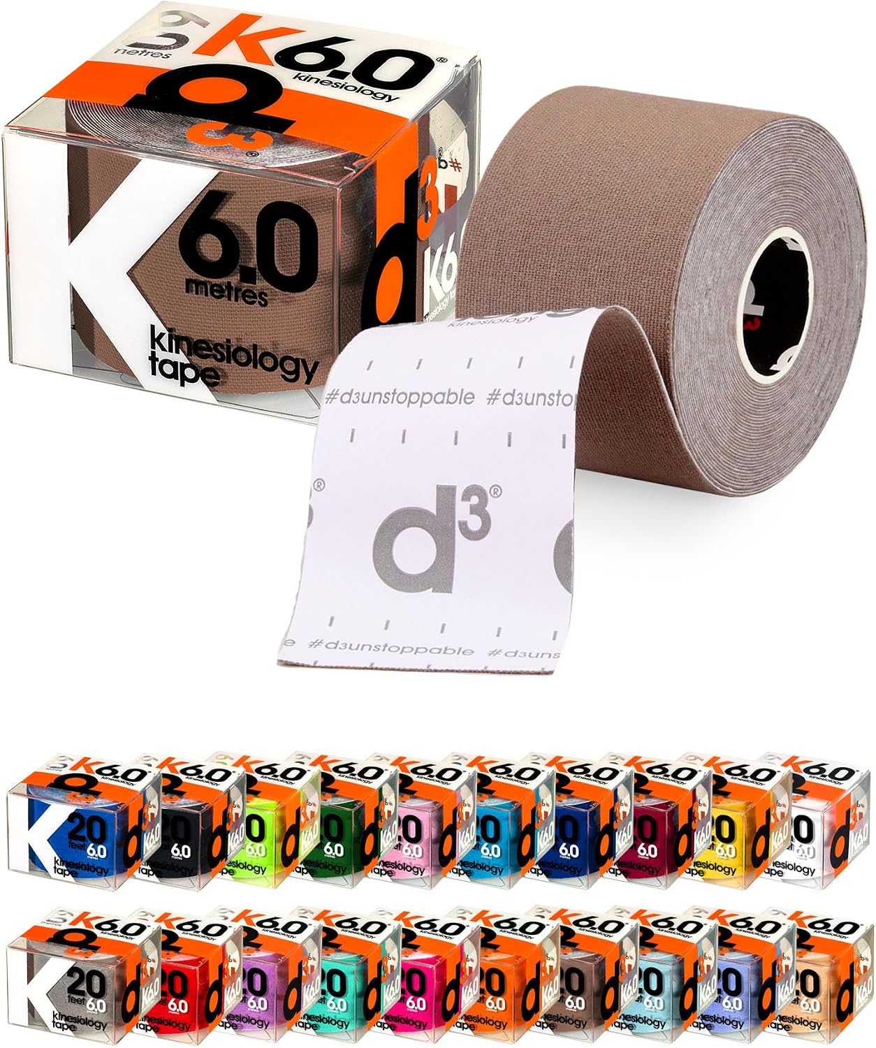 d3 K6.0 Kinesiology Tape 2in x 20ft – Light Brown Athletic Tape for Joint Support, Pain Relief & Muscle Recovery | Water Resistant & Hypoallergenic for Knee, Shoulder & Back – Uncut Roll