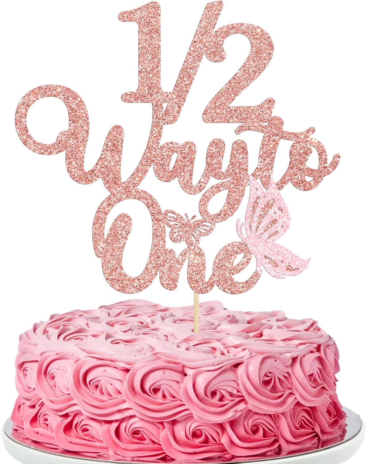 Gyufise 1Pc Butterfly 1/2 Way to One Cake Topper Glitter Happy 6 Months Birthday Cake Pick 1/2 Half Birthday Cake Decoration for Baby Half Year Old Party Decorations Supplies Rose Gold