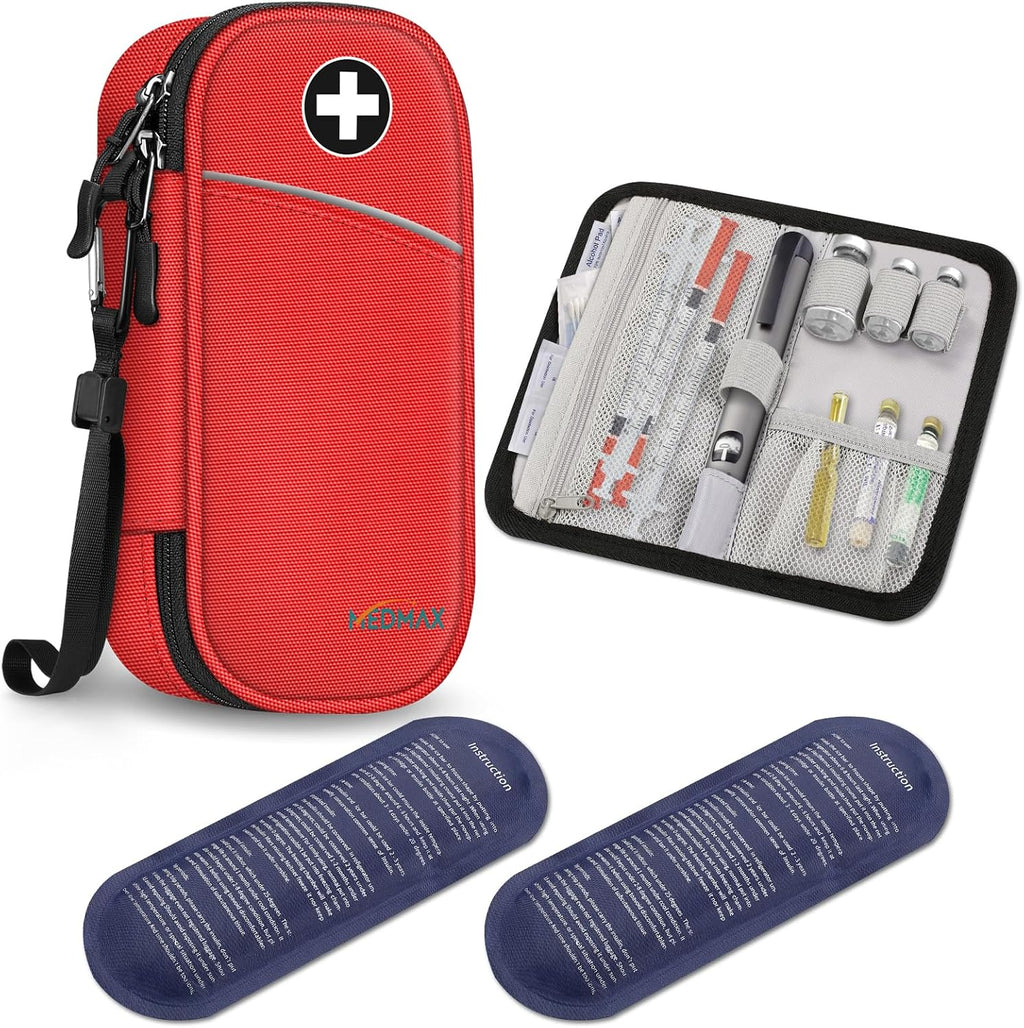 MEDMAX Insulin Cooler Travel Case with 2 Ice Pack TSA Approved, Water Resistant Insulated Diabetic Medication Organizer Carrying Bag with Extra Pouch for Insulin Pen and Other Diabetic Supplies (Red)