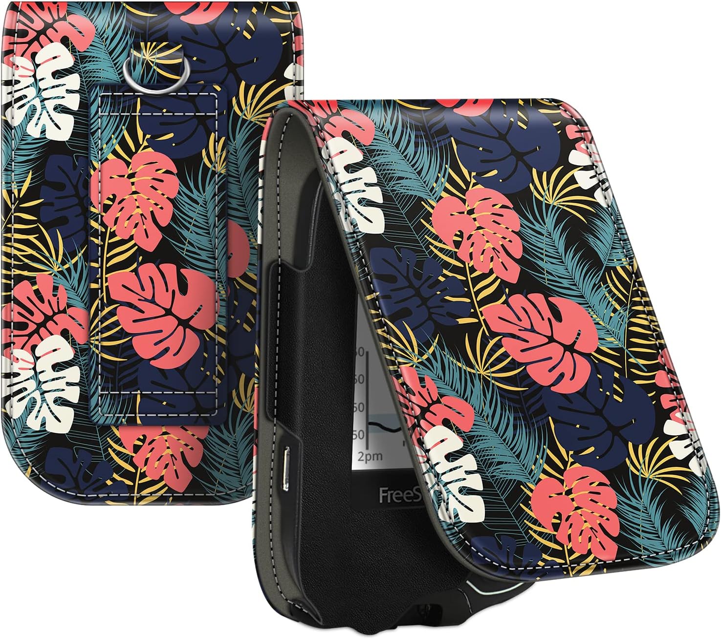 MEDMAX PU Leather Protective Case for Freestyle Libre 3 2 / Libre Reader, Lightweight Shockproof Diabetic Storage Carrying Case with Carabiner Clip and Handle (Leaves)