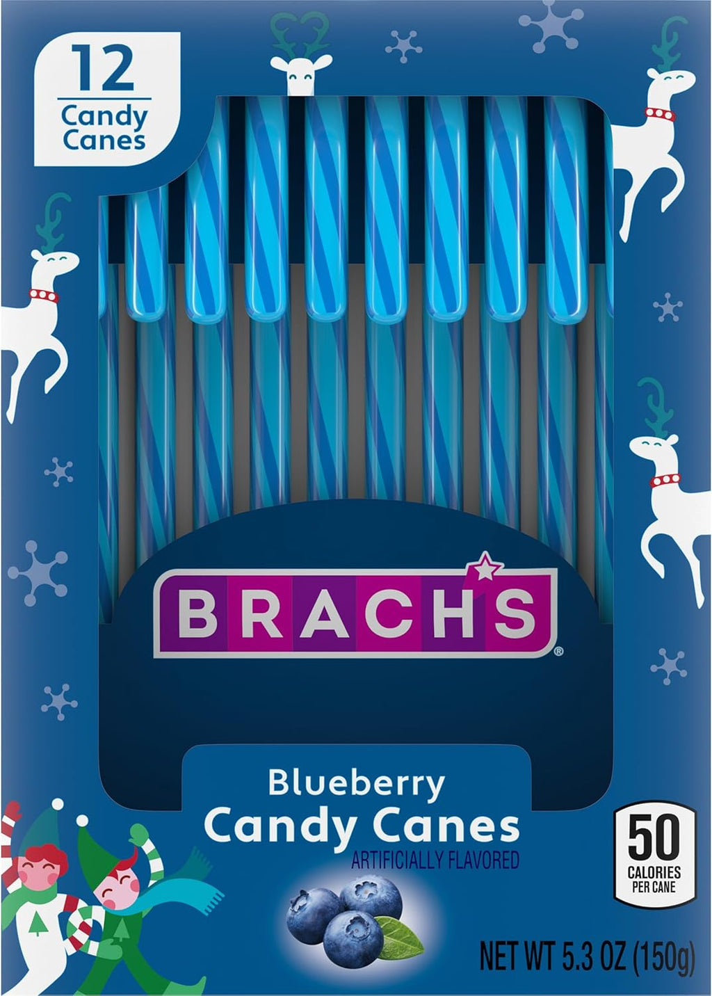 Brach's Blueberry Candy Canes, Christmas Candy, Holiday Ornaments, 5.3 oz Box, 12 Count