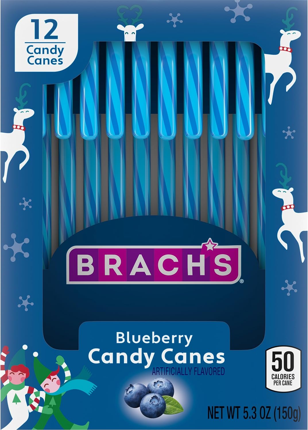 Brach's Blueberry Candy Canes, Christmas Candy, Holiday Ornaments, 5.3 oz Box, 12 Count