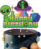 Alien Happy Birthday Cake Topper Green Glitter ET UFO Outter Space Theme Cake Decoration for Boys Girls Kids