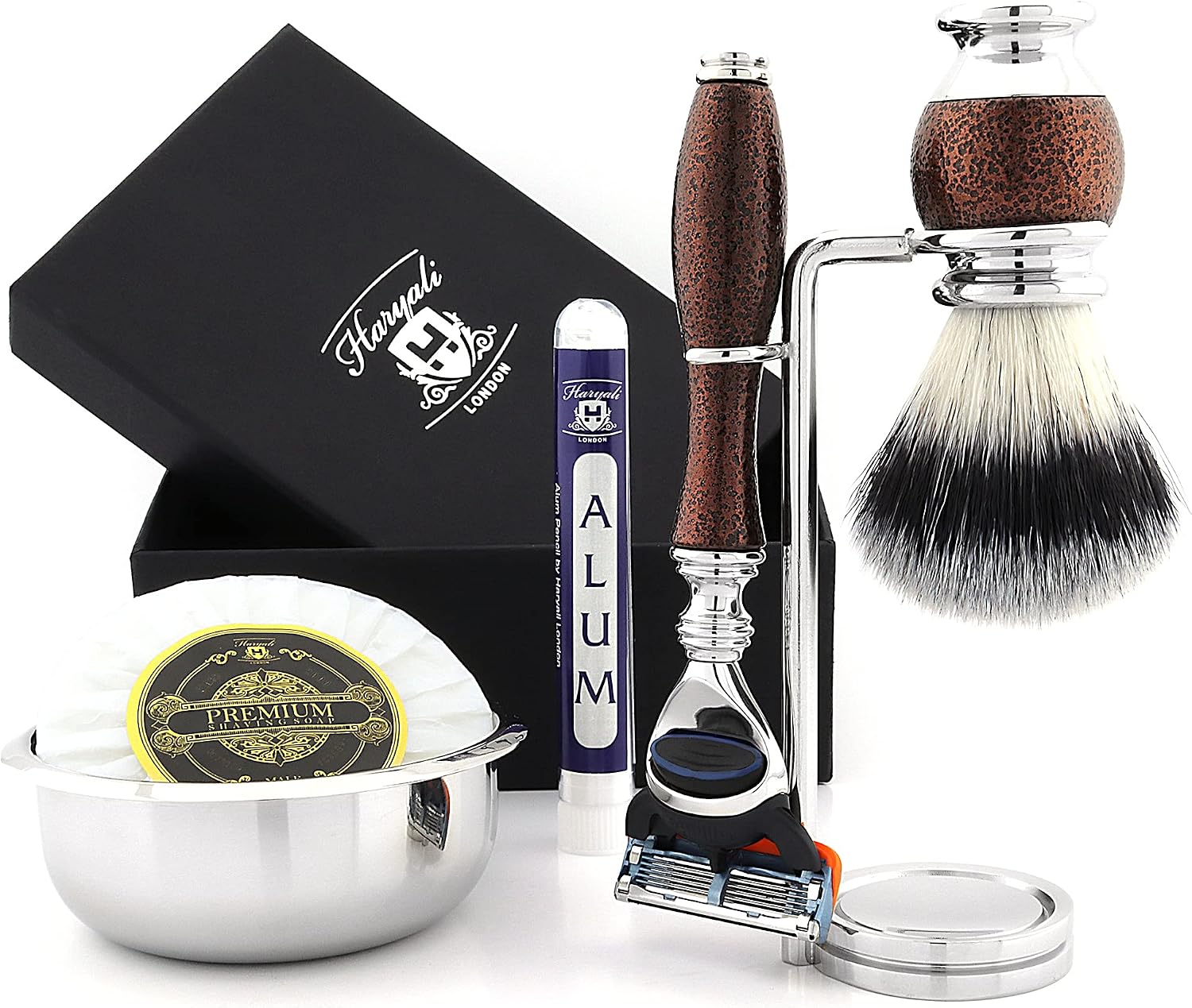 Haryali London 6 Pc Mens Shaving Kit 5 Edge Razor With Synthetic Badger Hair Shaving Brush, Stand, Soap, Bowl and Alum Perfect Set For Men