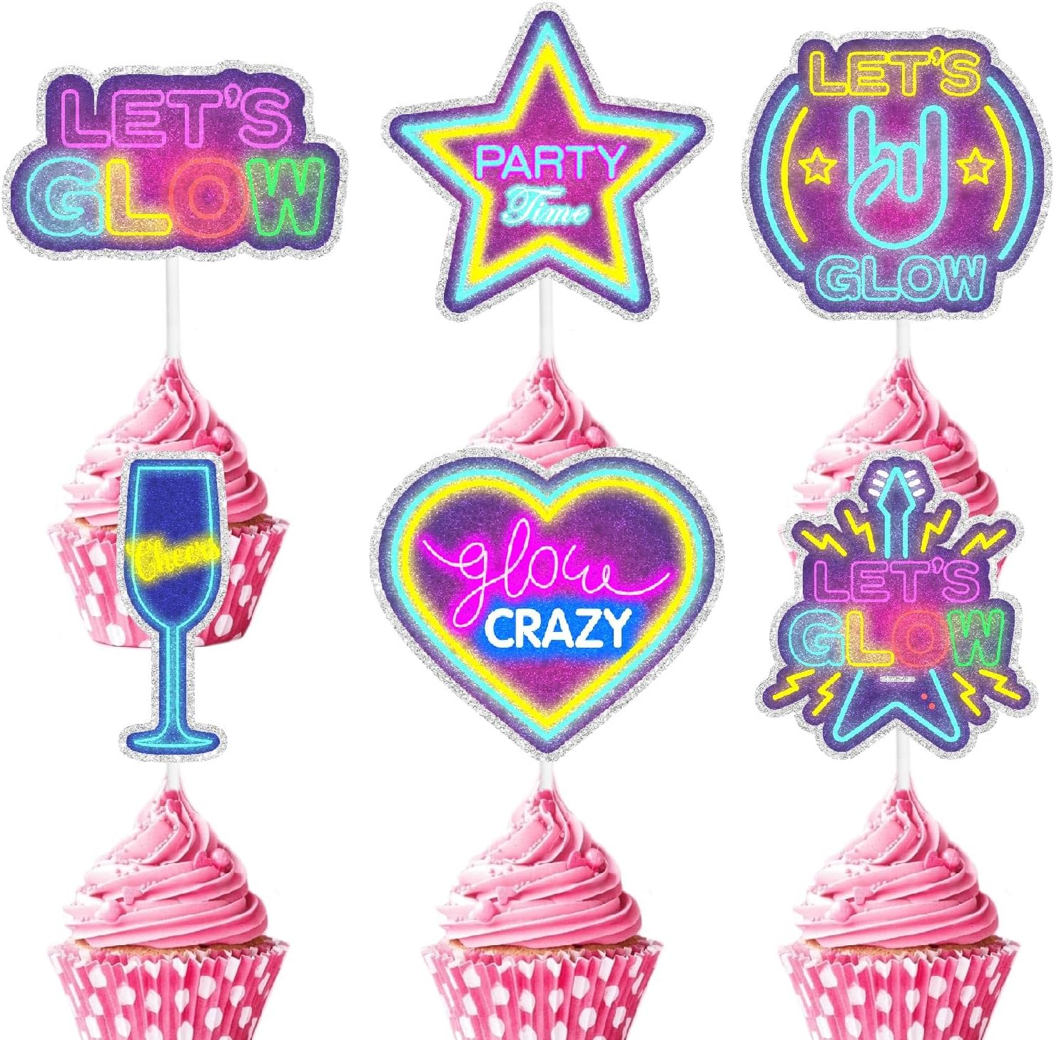 18-piece neon cupcake toppers set Let's Glow Hip Hop Happy Birthday decorations for boys and girls themed birthday parties, kids neon theme parties, and glow crazy themed party decorations. SugarGera