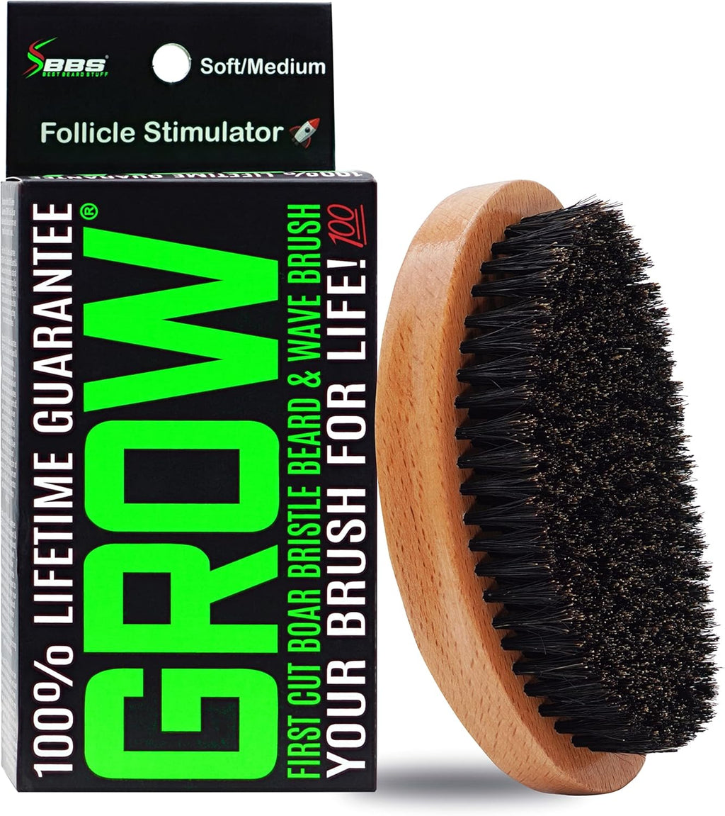 GROW Beard Brush & 360 Wave Brush for Men - Natural Boar Bristle For Fuller, Thicker Hair, Beard & Mustache - Premium Full-Size to Exfoliate, Strengthen Hair, Stimulate & Boost Growth