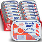 Beach Cliff Wild Caught Sardines in Tomato Sauce, 3.75 oz Can (Pack of 12) - 16g Protein per Serving - Gluten Free, Keto Friendly - Great for Pasta & Seafood Recipes