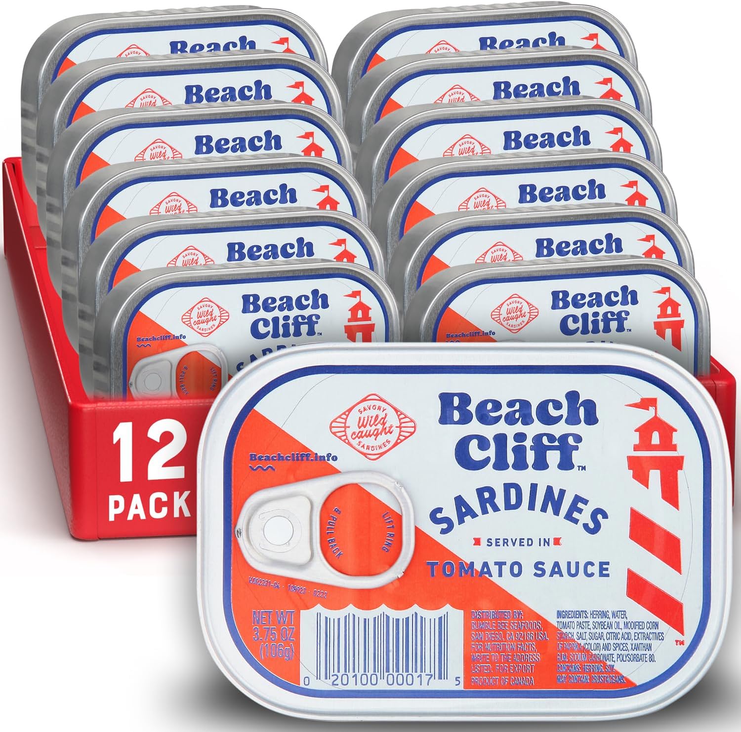 Beach Cliff Wild Caught Sardines in Tomato Sauce, 3.75 oz Can (Pack of 12) - 16g Protein per Serving - Gluten Free, Keto Friendly - Great for Pasta & Seafood Recipes