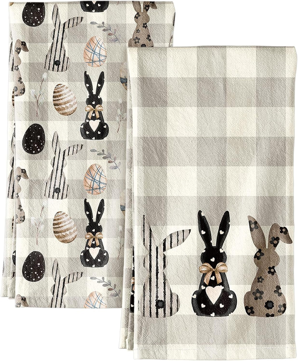 2pcs Easter Kitchen Towels - Flour Sack Tea Towels Set of 2 with Hanging Loop 18x26 Inch Spring Bunny Eggs Beige Checkered Hand Dish Cloths Reusable Dishcloths Cute Easter Decor