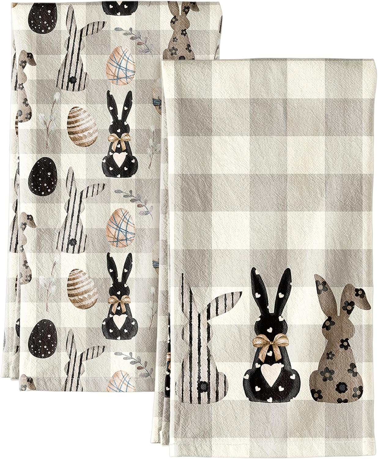 2pcs Easter Kitchen Towels - Flour Sack Tea Towels Set of 2 with Hanging Loop 18x26 Inch Spring Bunny Eggs Beige Checkered Hand Dish Cloths Reusable Dishcloths Cute Easter Decor
