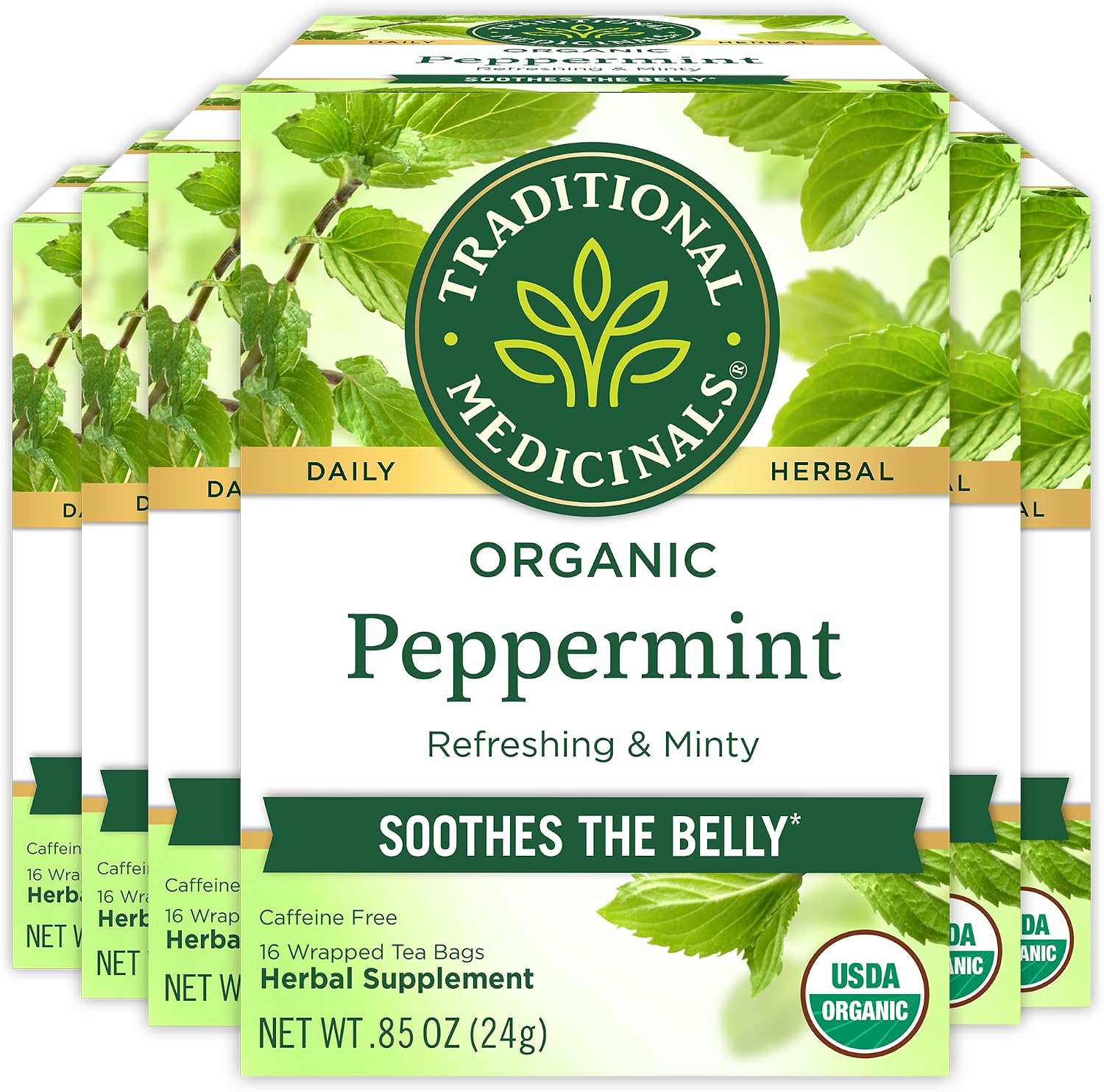 Traditional Medicinals Tea, Organic Peppermint, Soothes Your Belly, Refreshing & Minty, 96 Tea Bags (6 Pack)