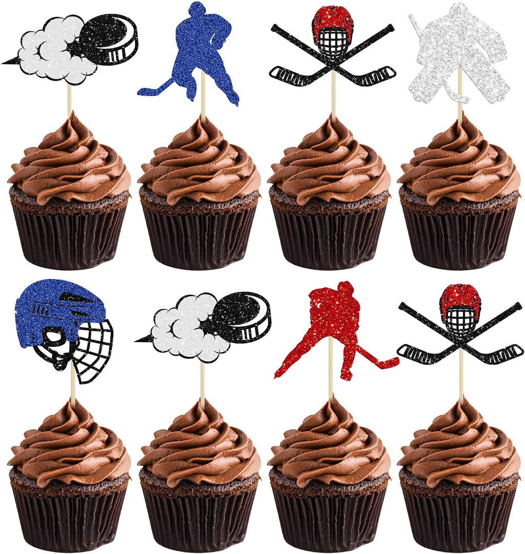24Pcs Hockey Cupcake Toppers Multi Glitter Hockey Players Cake Toppers Ice Hockey Cake Decorations for Sports Theme Baby Shower Kids Boys Girls Birthday Party Supplies
