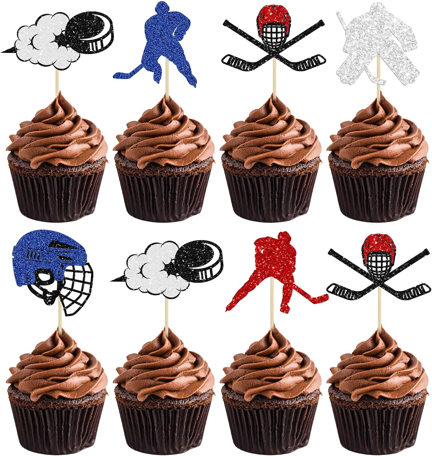 24Pcs Hockey Cupcake Toppers Multi Glitter Hockey Players Cake Toppers Ice Hockey Cake Decorations for Sports Theme Baby Shower Kids Boys Girls Birthday Party Supplies