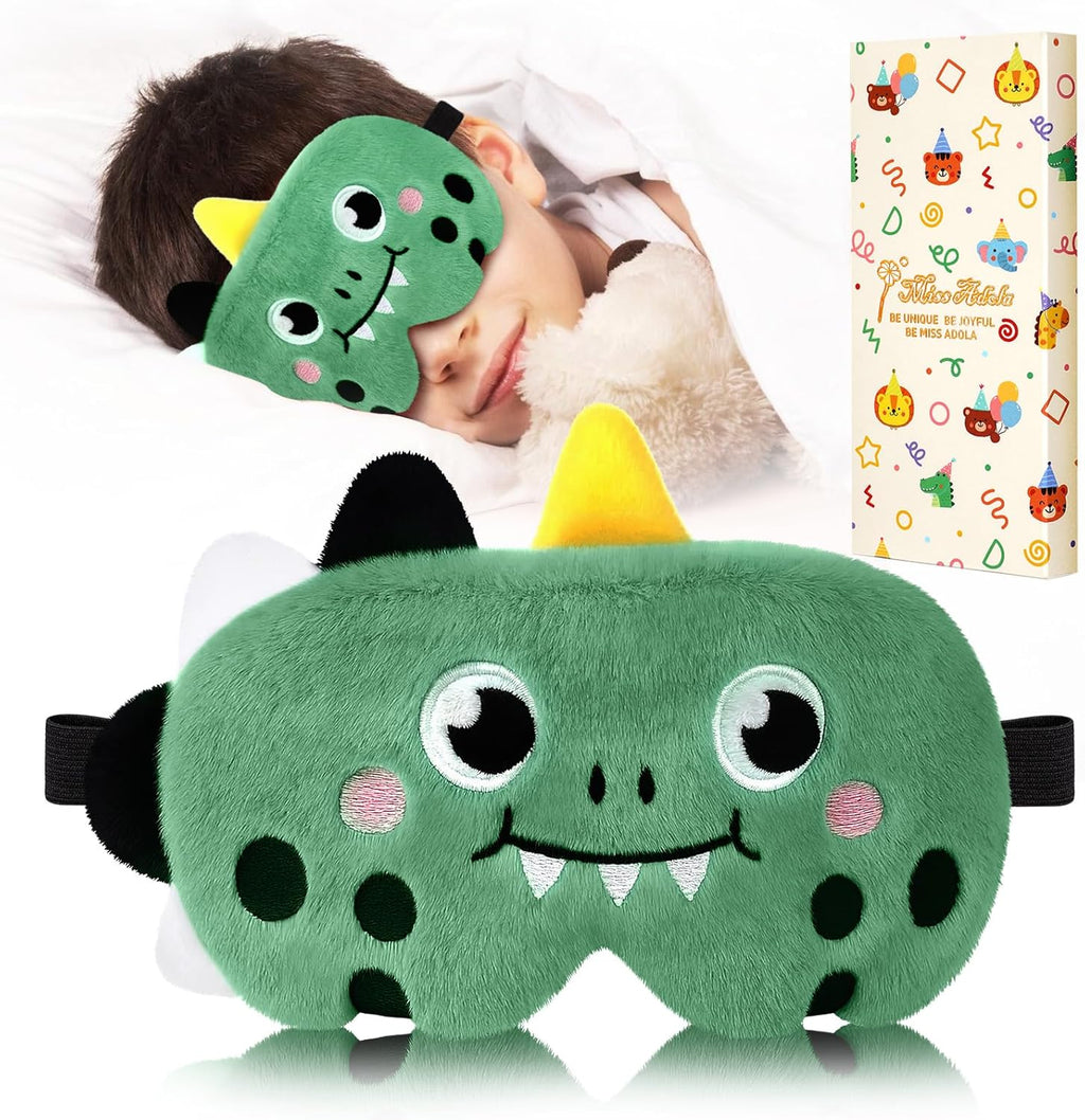 Miss Adola Sleep Mask for Kids - Cute Cartoon Plush Fuffy Sleeping Eye Cover Green Dinosaur Kawaii Soft Eyeshade with Adjustable Strap Animal Eye Blindfold for Kids Girls Boys Teens