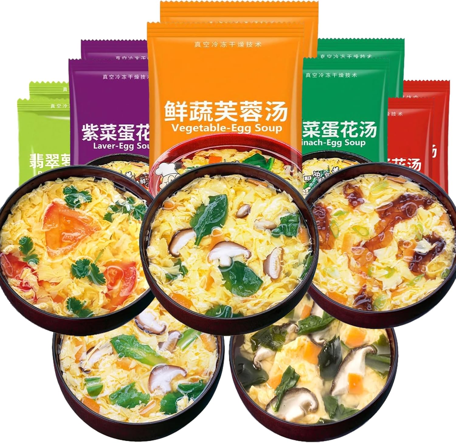 Vegetable Soup Mix, 12g/Bag, Freeze-Dried Instant Mix Soup with 5 Flavors (Laver,Spinach,Radishes-Shrimp,Vegetables,Tomato), Mushroom Soup Packets, 0.42 Ounce(10 Pack)