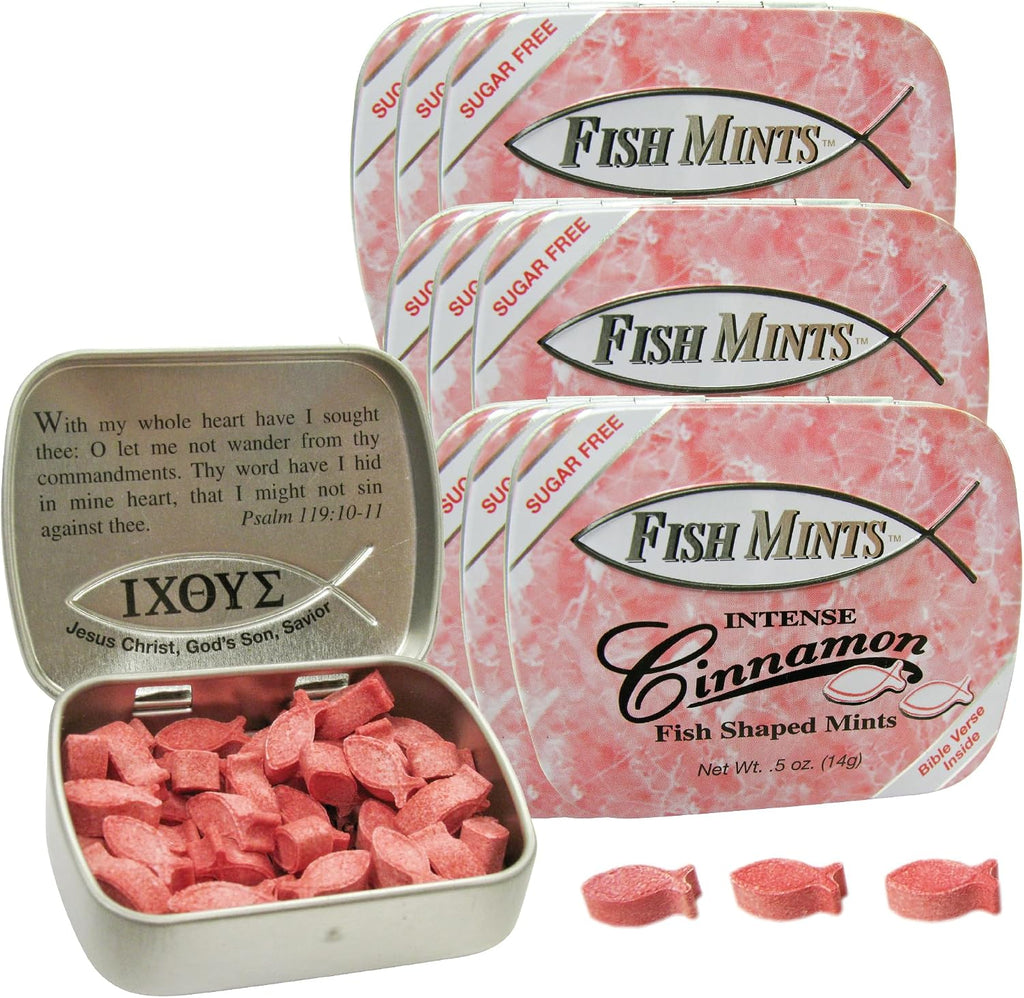 Scripture Candy, Sugar Free Fish Shaped Cinnamon Flavored Mints in a Pocket Sized Tin, 9 Count