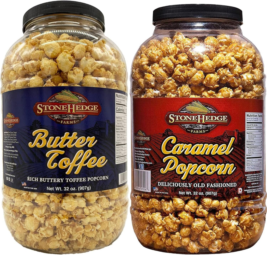 Stonehedge Farms Caramel & Butter Toffee Flavored Popcorn Variety Pack | 32 oz Tubs (Pack of 2) | Perfect for Holidays and Christmas | Reclosable Barrels | Bulk Popped Carmel Pop Corn