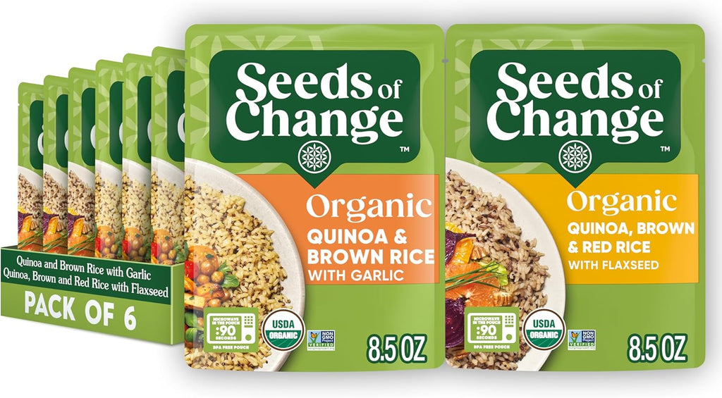 SEEDS OF CHANGE Organic Rice Variety Pack Quinoa and Brown Rice with Garlic & Quinoa Brown & Red Rice with Flaxseed, Microwaveable Ready to Heat, 8.5 Ounces (Pack of 6)