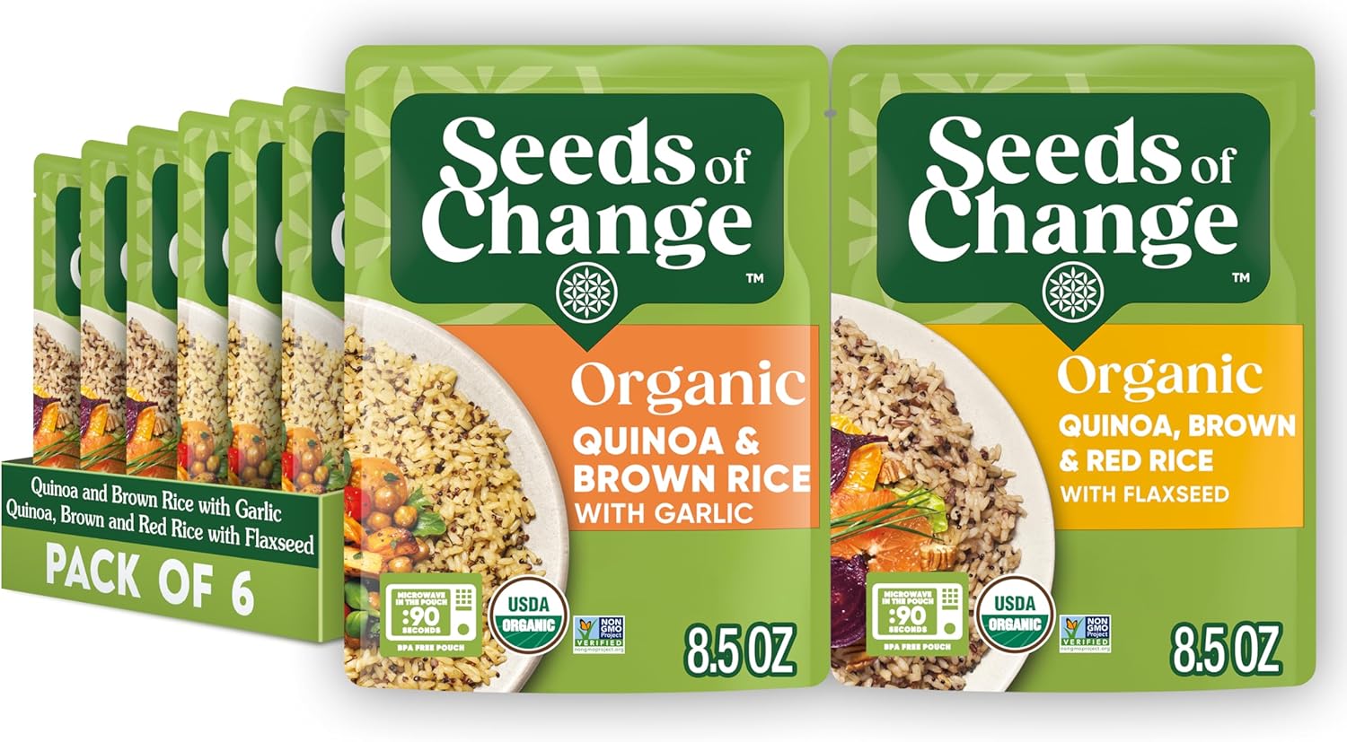 SEEDS OF CHANGE Organic Rice Variety Pack Quinoa and Brown Rice with Garlic & Quinoa Brown & Red Rice with Flaxseed, Microwaveable Ready to Heat, 8.5 Ounces (Pack of 6)