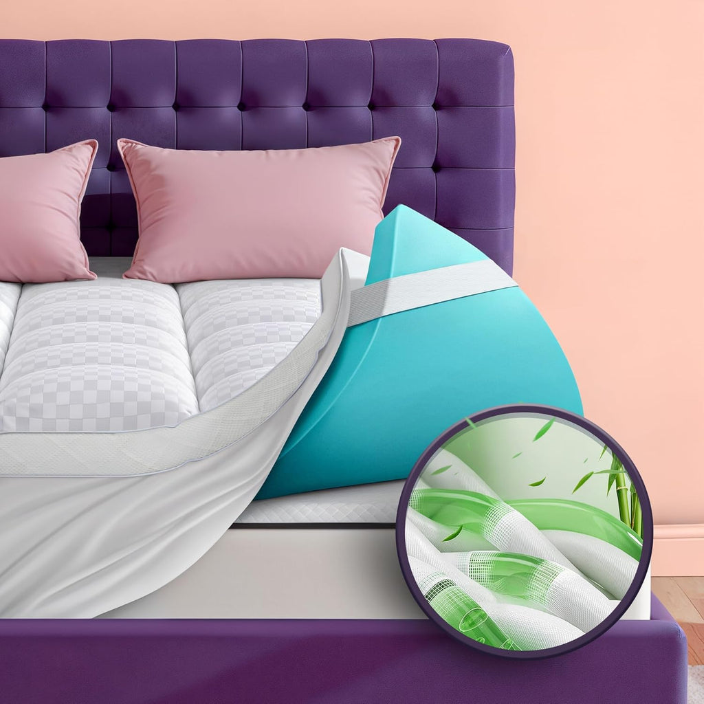 Dual Layer 4 Inch Memory Foam Mattress Topper for Pressure Relief with 4X Support, 2" Fluffy Pillow Top Queen Mattress Topper 50% Viscose Made from Bamboo Plus 2" Cooling Gel Memory Foam Mattress Pad