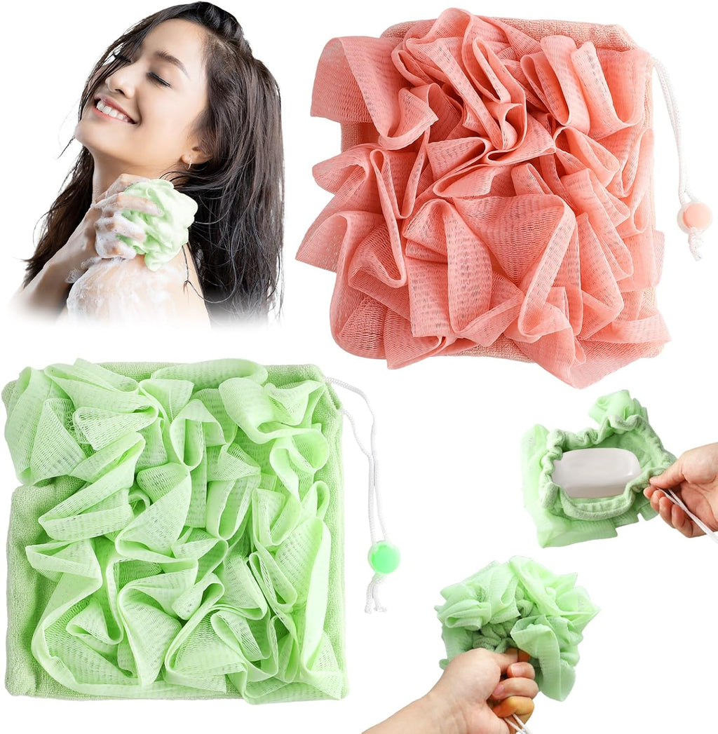 2 PCS Soap Bar Loofah, 2 in 1 Loofah Washcloth Combo, Bath Sponge with Drawstring, That Holds Bar Soap,for Cleansing and Smooth Skin (Pink, Green)