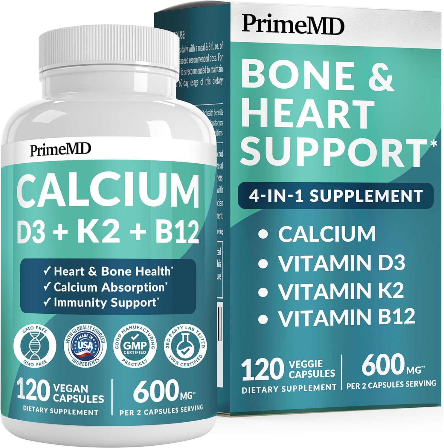 4-in-1 Calcium Supplements for Women & Men - Calcium Citrate with D3 K2 Vitamin 5000 IU - Calcium 600mg with Vitamin D3 K2 - Everyday Vitality Supplement - Vegan-Friendly, Gluten-Free (120 Capsules)
