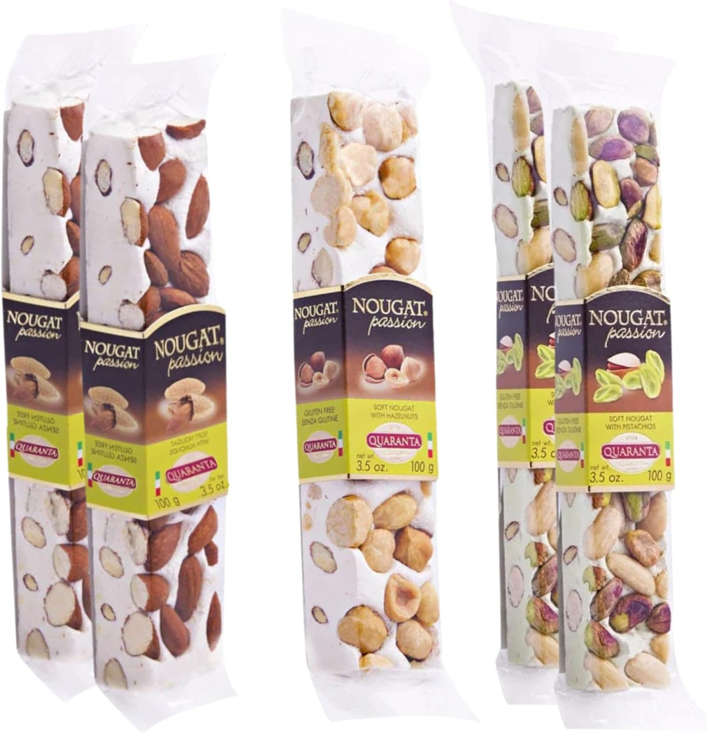 Quaranta Italian Nougat Traditional 5 Pack – Soft Torrone Bars – 2 Pistachio, 2 Almond, 1 Hazelnut – Handcrafted in Italy – Gluten-Free, GMO-Free, Palm Oil-Free – Authentic Italian Candy – 3.5 Oz Each