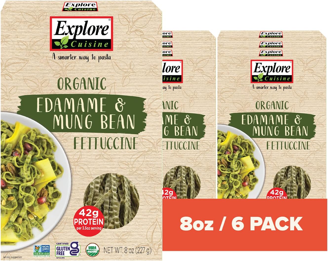 Explore Cuisine Organic Edamame & Mung Bean Fettuccine -Easy-to-Make Pasta - High in Fiber and Plant-Based Protein - Non-GMO, Gluten Free, Vegan, 8 oz (Pack of 6)